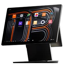 Computer monitor with a stylized interface on a black background