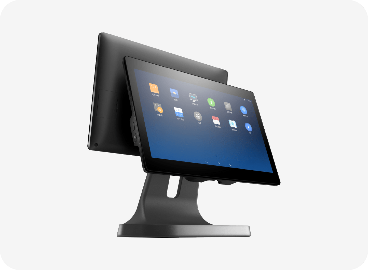 Sunmi T2 lite device with a display on and a stand, showing the interface of an operating system.