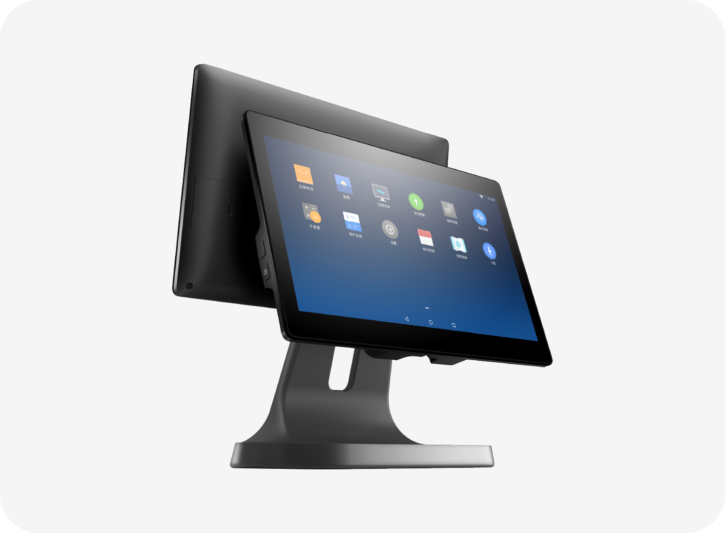Sunmi T2 lite device with a display on and a stand, showing the interface of an operating system.
