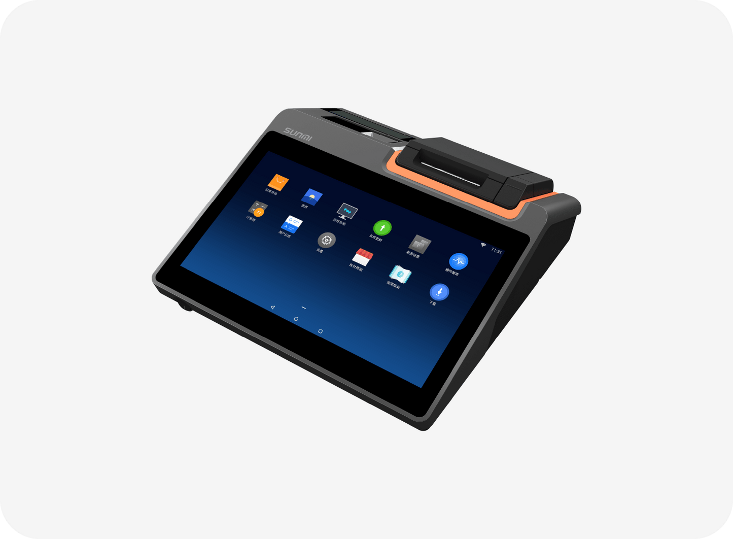 Sunmi T2 mini device with a black casing and an orange accent around the screen.