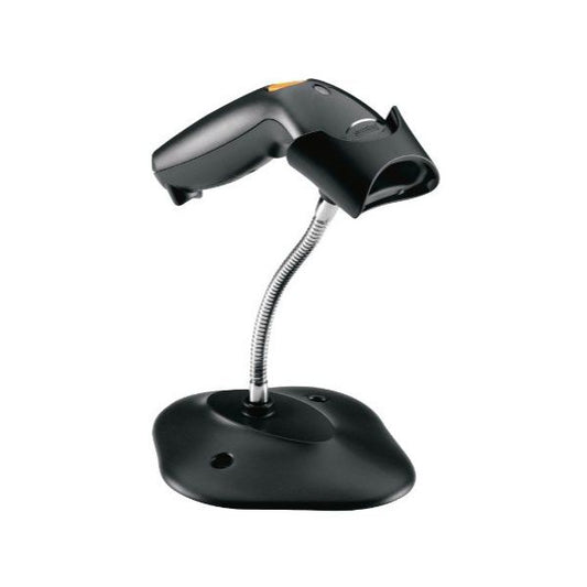 A black Symbol LS1203 barcode scanner with a flexible stand on a flat surface.