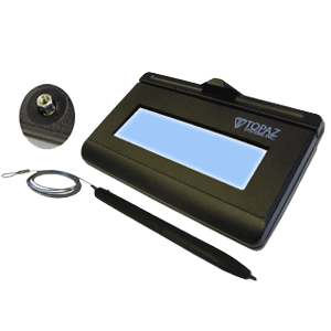 A black LCD signature capture pad with a stylus and a clear screen display, alongside a driver license reader and a cable.