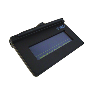 Electronic signature pad with a touchpad and stylus, displaying a signature on a screen.