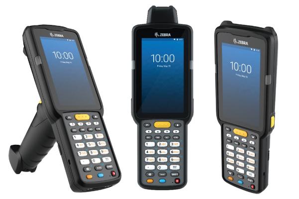 Three Zebra handheld mobile computers in different orientations, showcasing the devices' screens, keyboards, and side profiles.