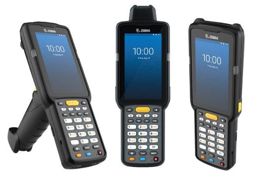 Three Zebra handheld mobile computers in different orientations, showcasing the devices' screens, keyboards, and side profiles.
