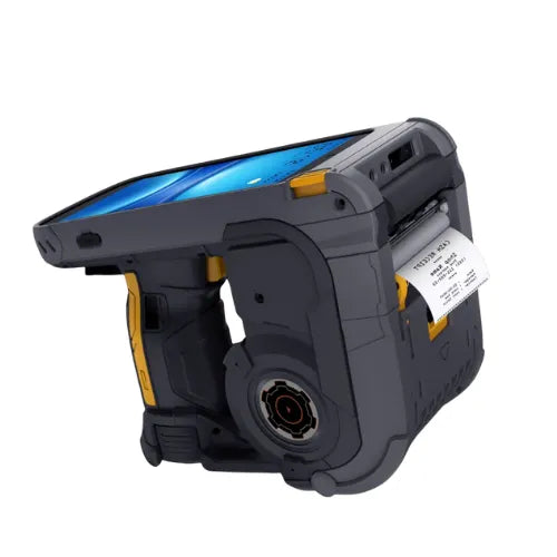 Label printer with a roll of labels on a white background