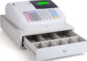 A white Unisan A5 general purpose cash register with its drawer open, showing multiple compartments.