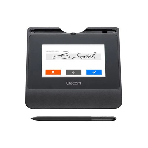 Wacom digital signature pad with stylus on a white background
