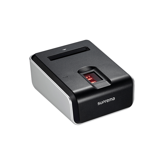 Suprema fingerprint reader on a white background