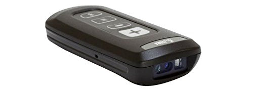 A handheld barcode scanner with a black casing and several buttons on the top surface.
