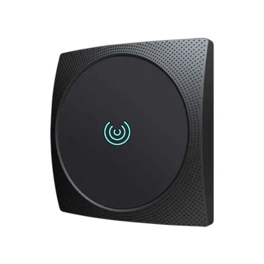 Black wireless charging pad with a green circular indicator on a white background