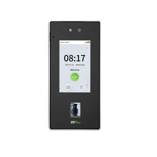A black ZKT Eco smart card reader and fingerprint access control terminal with a color screen displaying a digital clock and a small photo preview, shown on a plain white background.