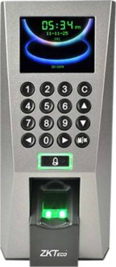 Fingerprint reader with keypad and display on a metallic casing, featuring the ZKTeco brand.