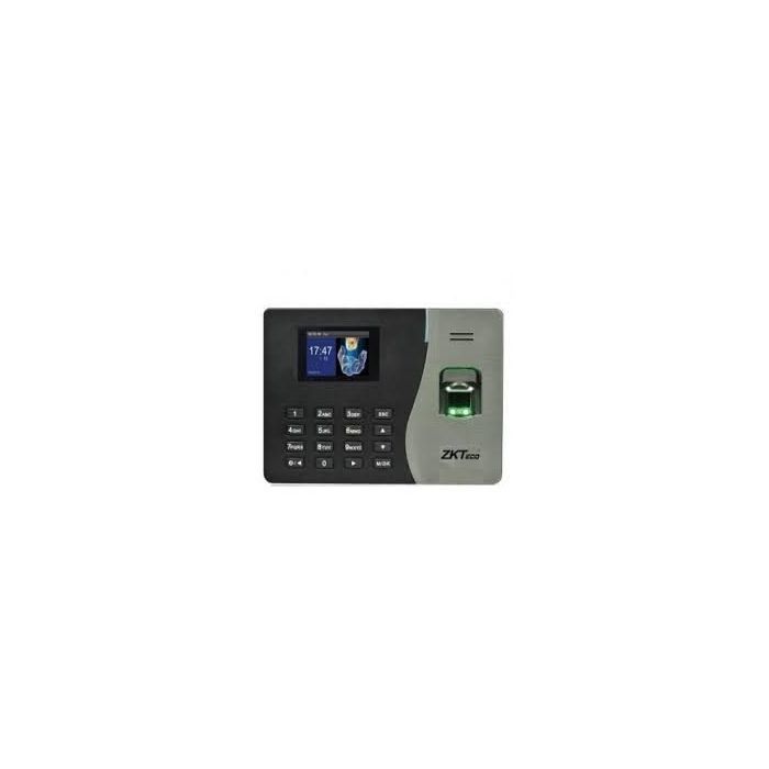 Biometric time clock with fingerprint scanner and keypad, predominantly black in color.