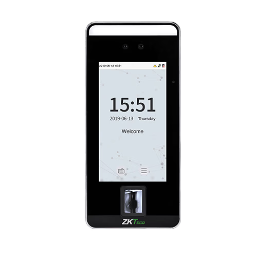 Smart device with a screen displaying time and date, branded 'ZKTeco'.