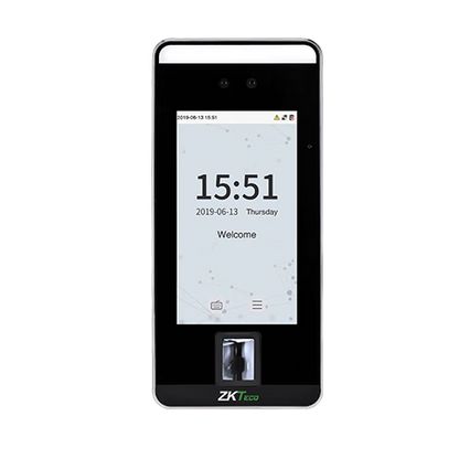 Smart device with a screen displaying time and date, branded 'ZKTeco'.