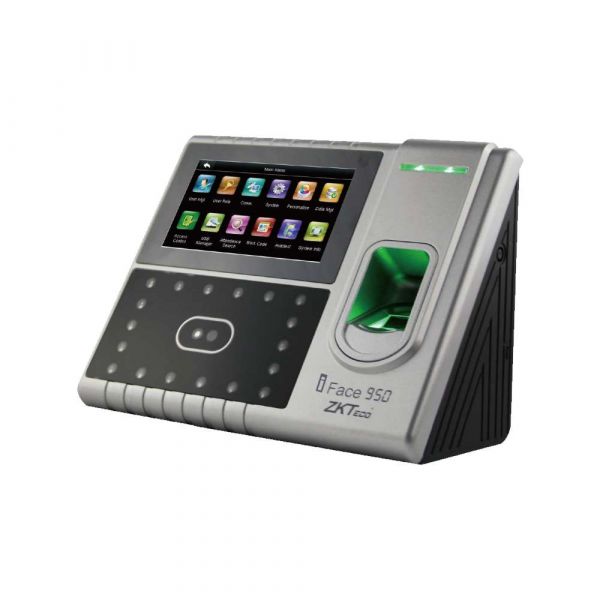 Multi-biometric time attendance and access control terminal with a touchscreen display, fingerprint scanner, and keypad.