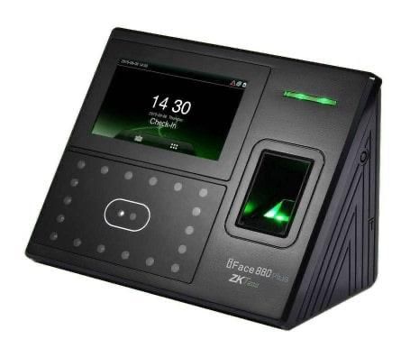 A black ZKTeco iFace880 Plus multi-face recognition time attendance machine with a digital display, fingerprint scanner, and RFID card reader.