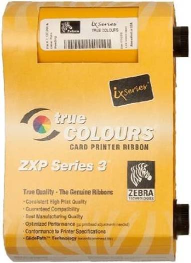Zebra Technologies card printer ribbon with 'True Colours' branding on a yellow background