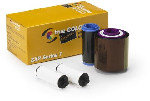 A box of Zebra ZXP Series 7 clear laminate, alongside a color ribbon and a cleaning ribbon for card printing.