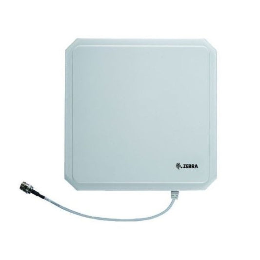 A white Zebra RFID antenna with a connected cable, featuring the Zebra logo.