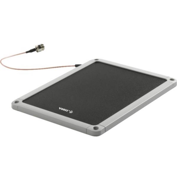 A black Zebra RFID antenna with a wired connection, designed for mounting on a wall.