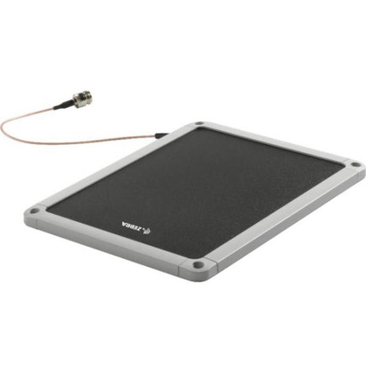 A black Zebra RFID antenna with a wired connection, designed for mounting on a wall.