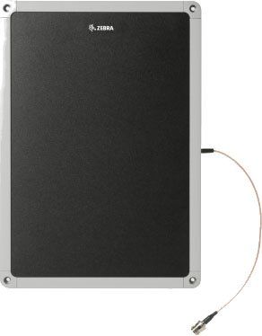 A black Zebra RFID antenna with a visible cable, designed for mounting or desktop placement.