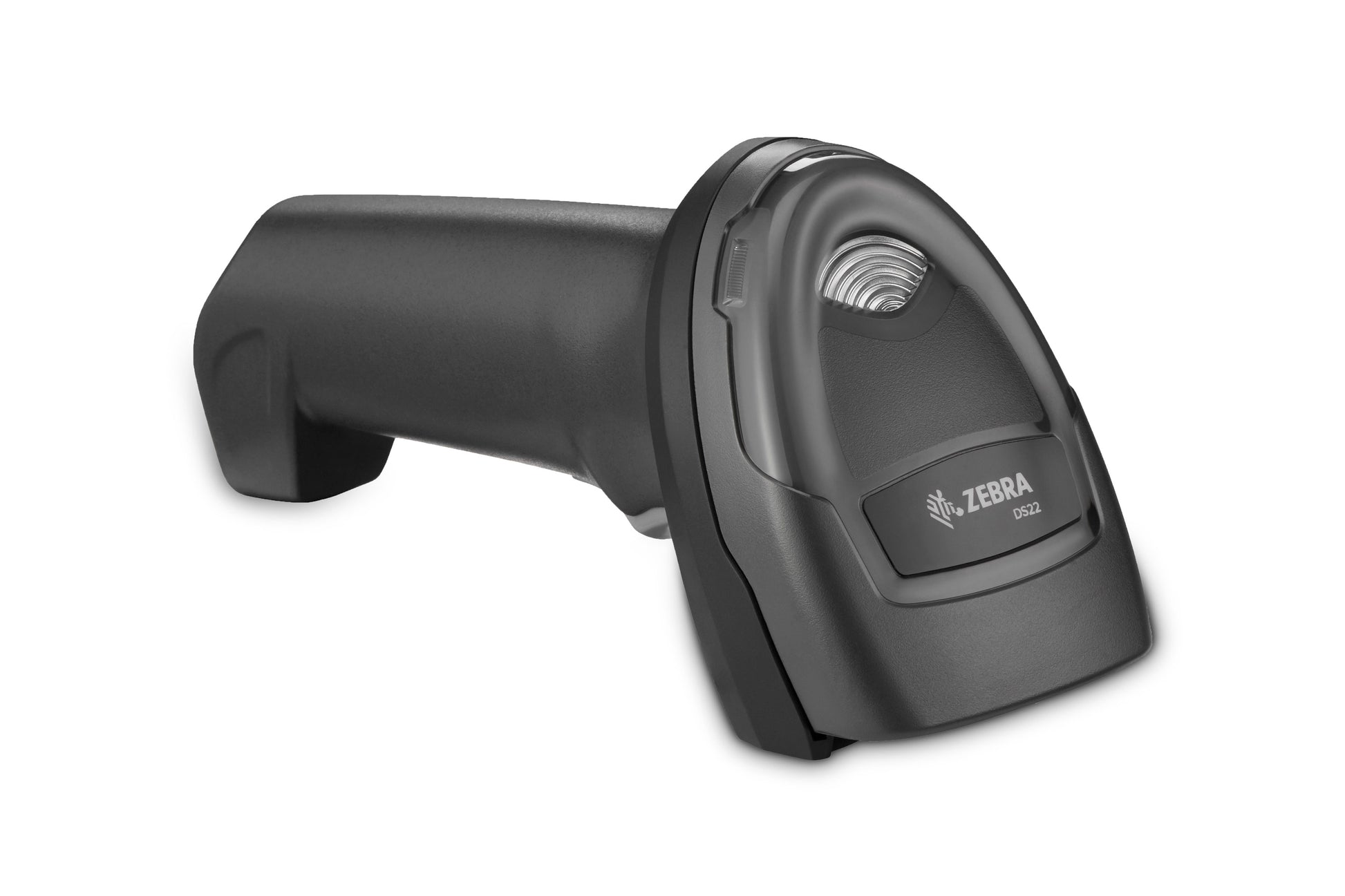 A black handheld barcode scanner with the Zebra brand logo visible on the front.