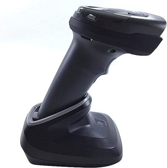 A black cordless handheld standard range area imager with a presentation cradle and USB kit.