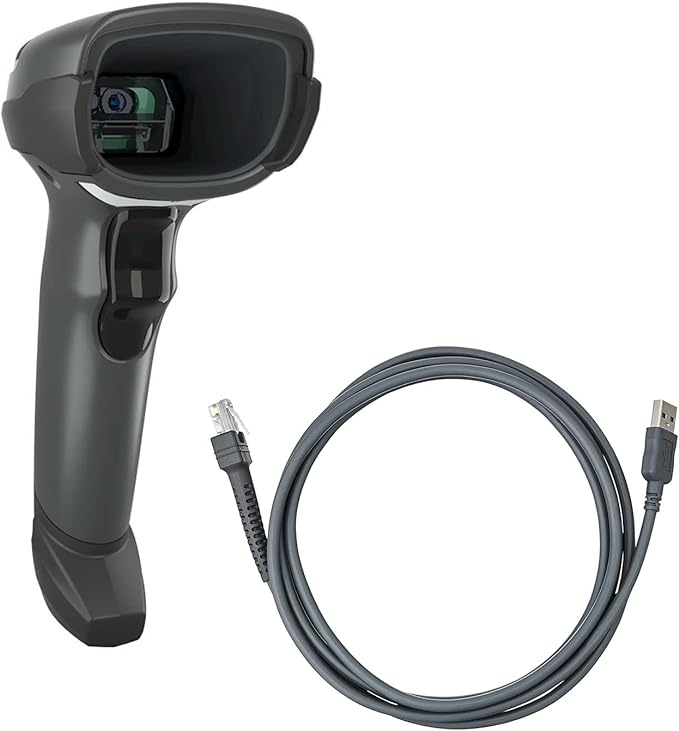 Handheld wired USB barcode scanner with a standard range 1D 2D imager and a corded screen, predominantly gray and black in color.