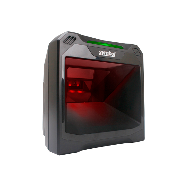 A gray Zebra DS7708 barcode scanner with a red scanning window.