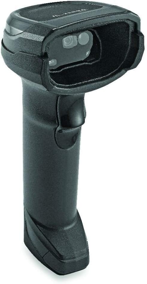 A handheld barcode scanner in black color with a scanning window