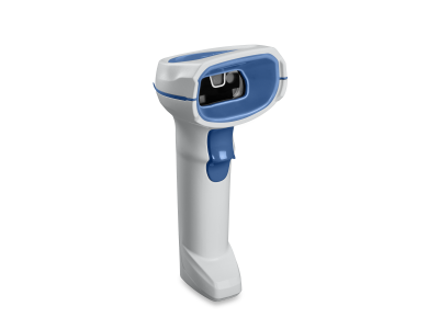 A handheld barcode scanner with a gray body, blue accents, and a scannable area on the front.