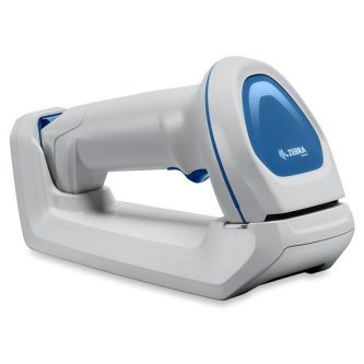 Cordless handheld barcode scanner with a predominantly gray body and blue accents, placed in its charging cradle.