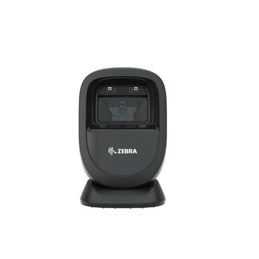 A black Zebra DS9308 hand-free 2D barcode imager mounted on a stand.