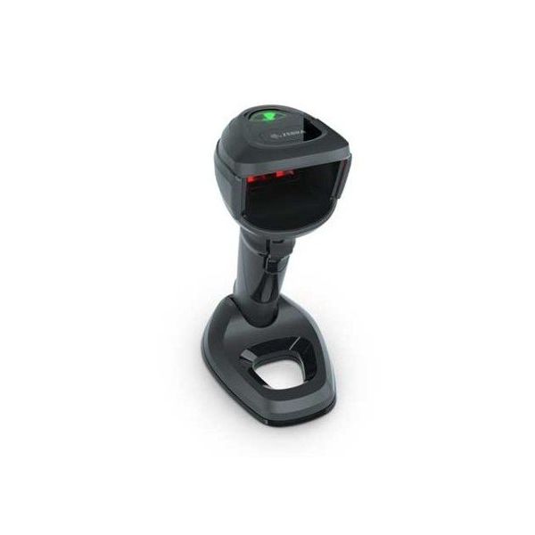A black corded hybrid RFID imager with a stand, featuring LED indicators and a scanning window.