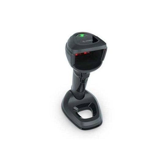 A black Zebra DS9908 omni-directional presentation barcode scanner with a stand and a 7-foot USB cable.