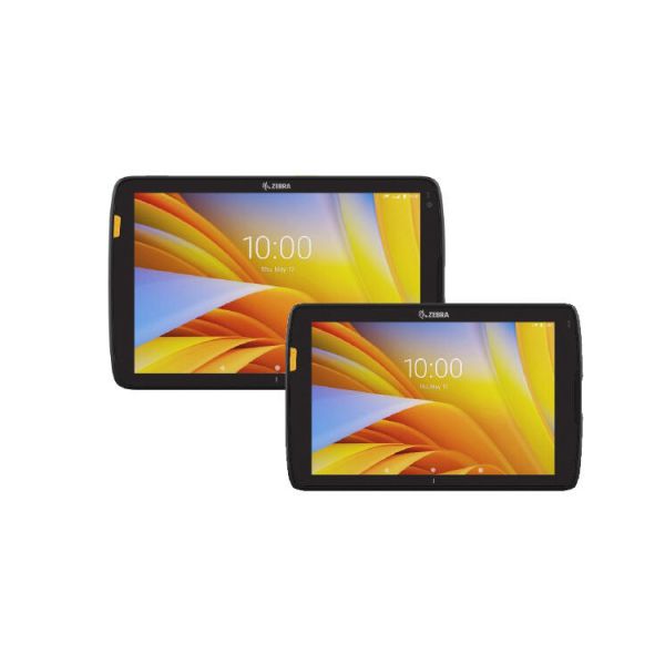 Two Zebra branded business tablets, one larger than the other, with a colorful display showing the time and some app icons.
