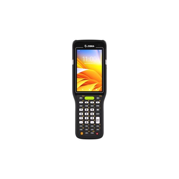 A Zebra MC3400 Series Mobile Computer with a black casing, numeric keypad, and a screen displaying colorful graphics.