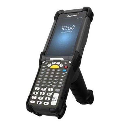 A Zebra MC93 handheld mobile computer with a stand, featuring a screen and a keypad.