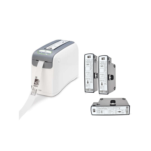 Label printer with rolls of labels on a white background