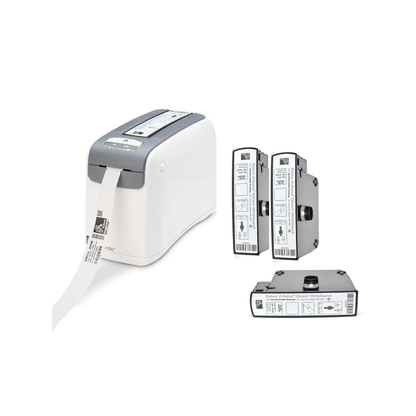 Label printer with rolls of labels on a white background