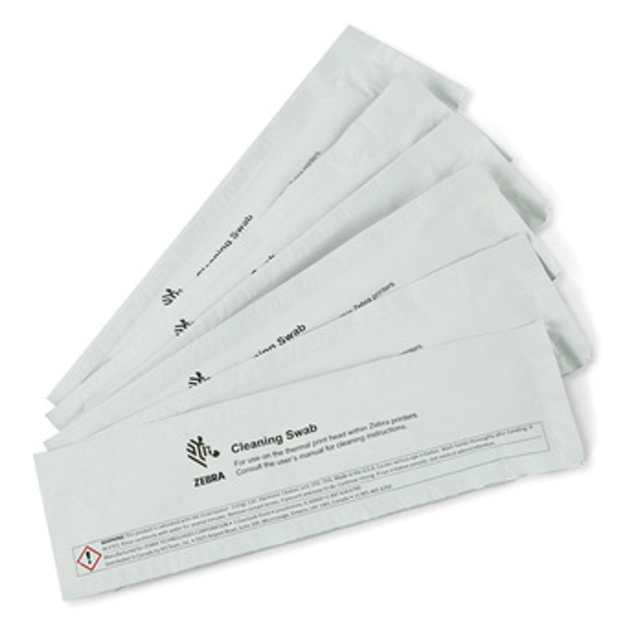 A stack of white cleaning swabs labeled for use with Zebra printers.