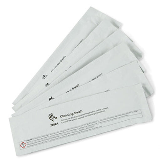 A stack of white cleaning swabs labeled for use with Zebra printers.