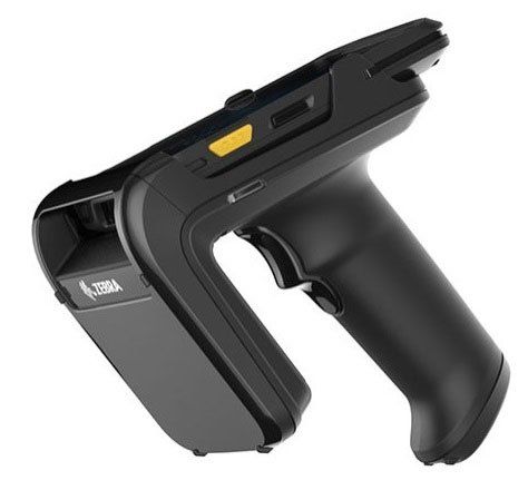 A black handheld RFID reader with a yellow trigger and the Zebra brand logo.