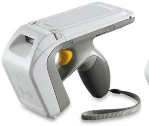 Handheld Zebra RFID reader with a gray body, black grip, and a strap.