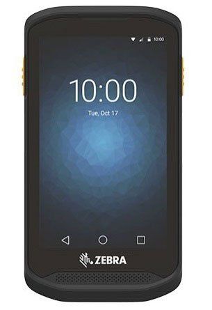 A Zebra TC25 mobile computer with a black casing and screen displaying the time.