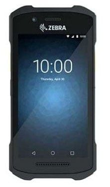 A Zebra-branded mobile computer with a black casing, displaying the time and date on its screen.