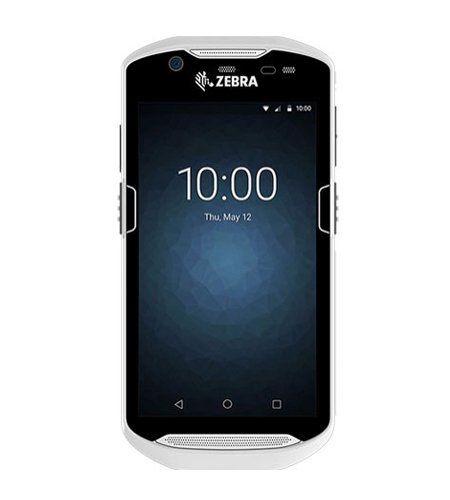 A Zebra branded Android touch computer with a black screen, showing the time and date on the display.